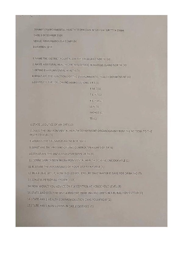 First page of Environmental health technician interview past questions written