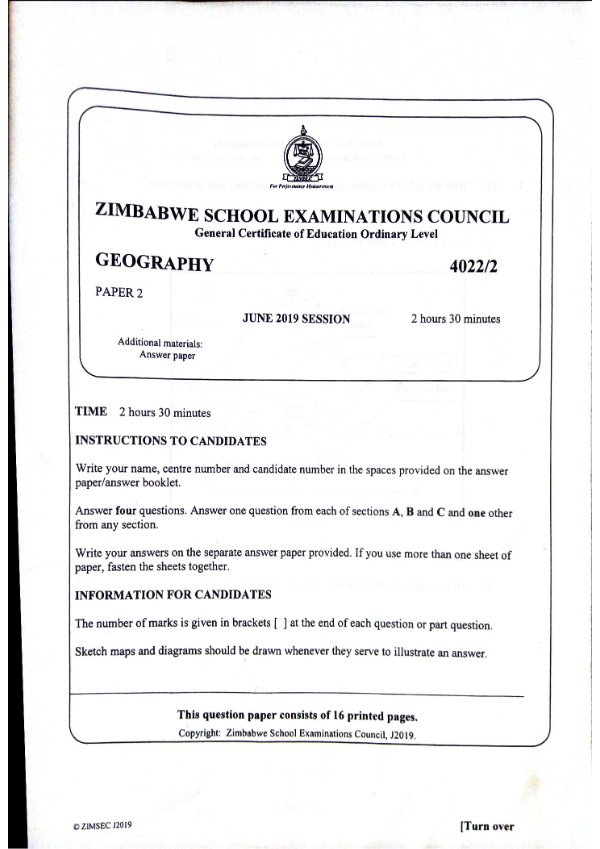 First page of ZIMSEC O-Level Geography Paper 2 June 2019 Question Paper