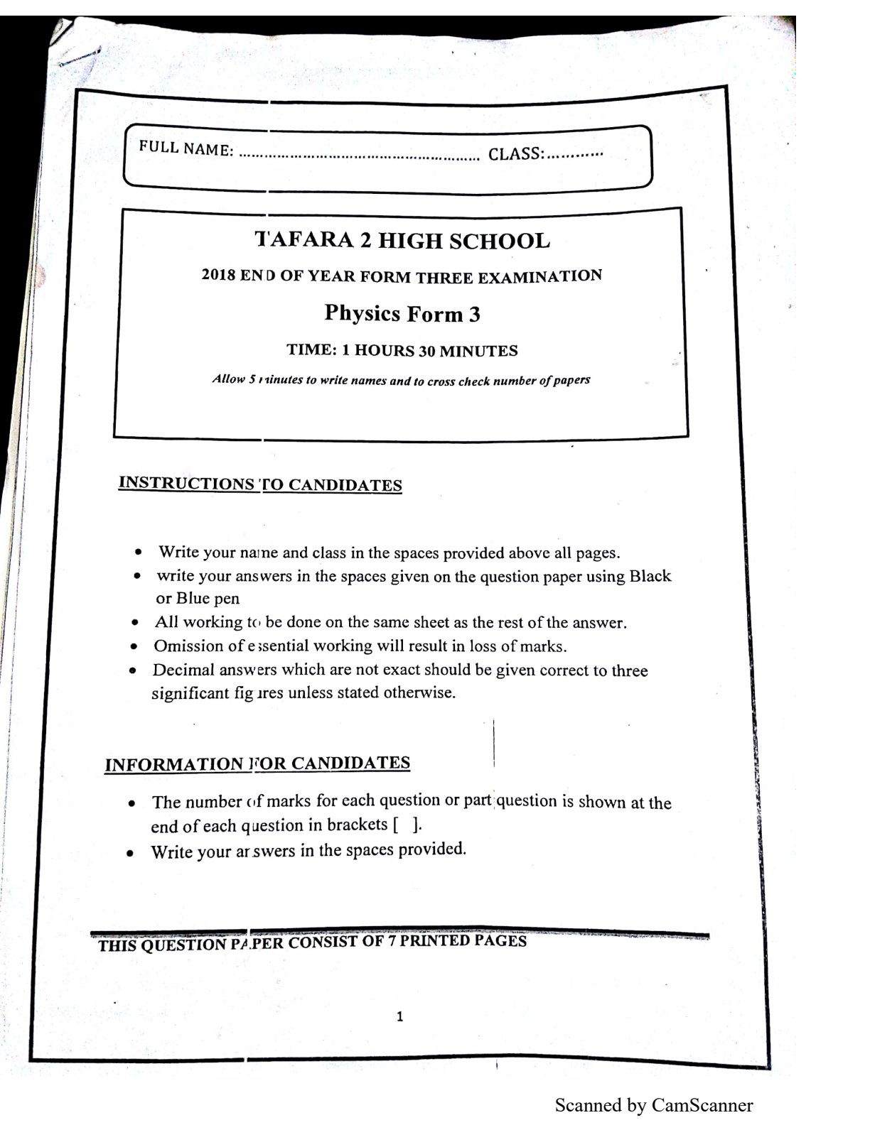 First page of 2018 End of Year Form Three Examination Physics Form 3 Question Paper