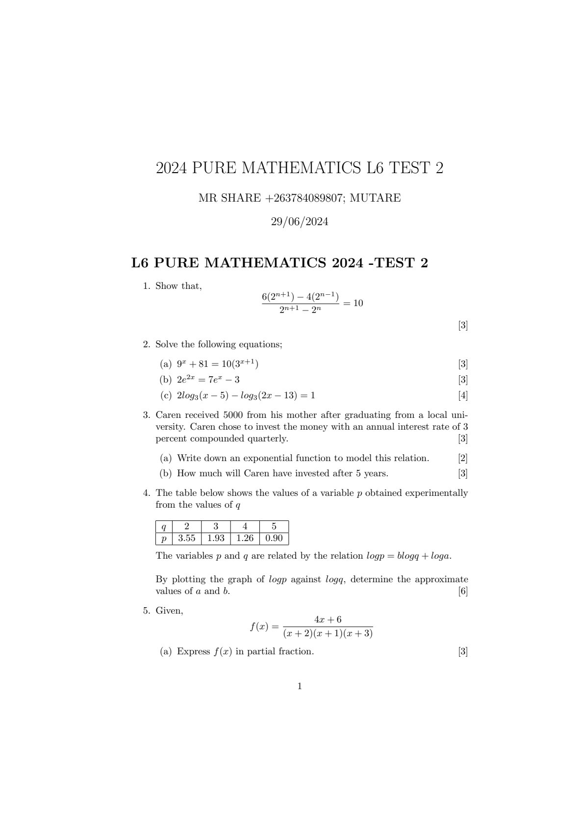 First page of 2024 Pure Mathematics L6 Test 2 Question Paper