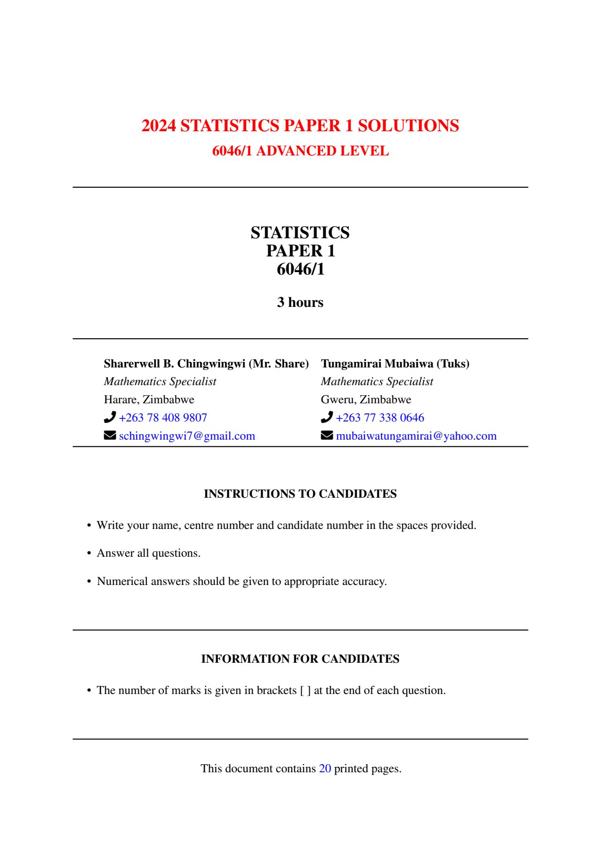First page of 2024 Statistics Paper 1 Solutions Marking Scheme