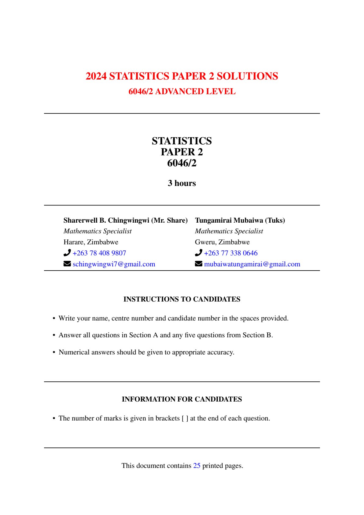 First page of 2024 Statistics Paper 2 Solutions Marking Scheme
