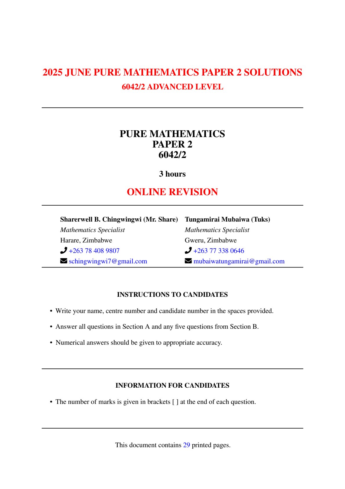 First page of 2025 June Pure Mathematics Paper 2 Solutions Marking Scheme