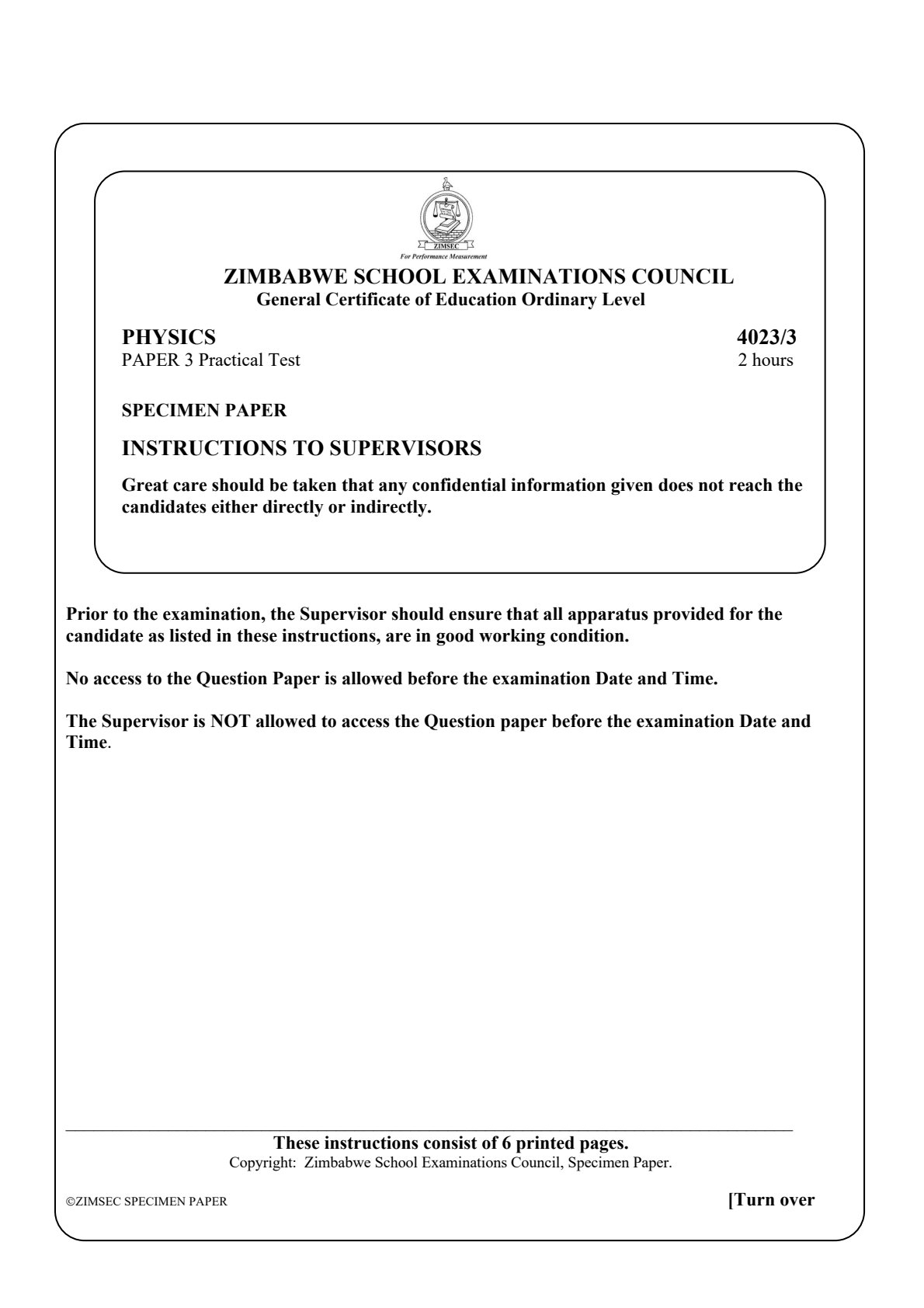 First page of 4023q03-Instructions-to-supervisors-Physics.pdf