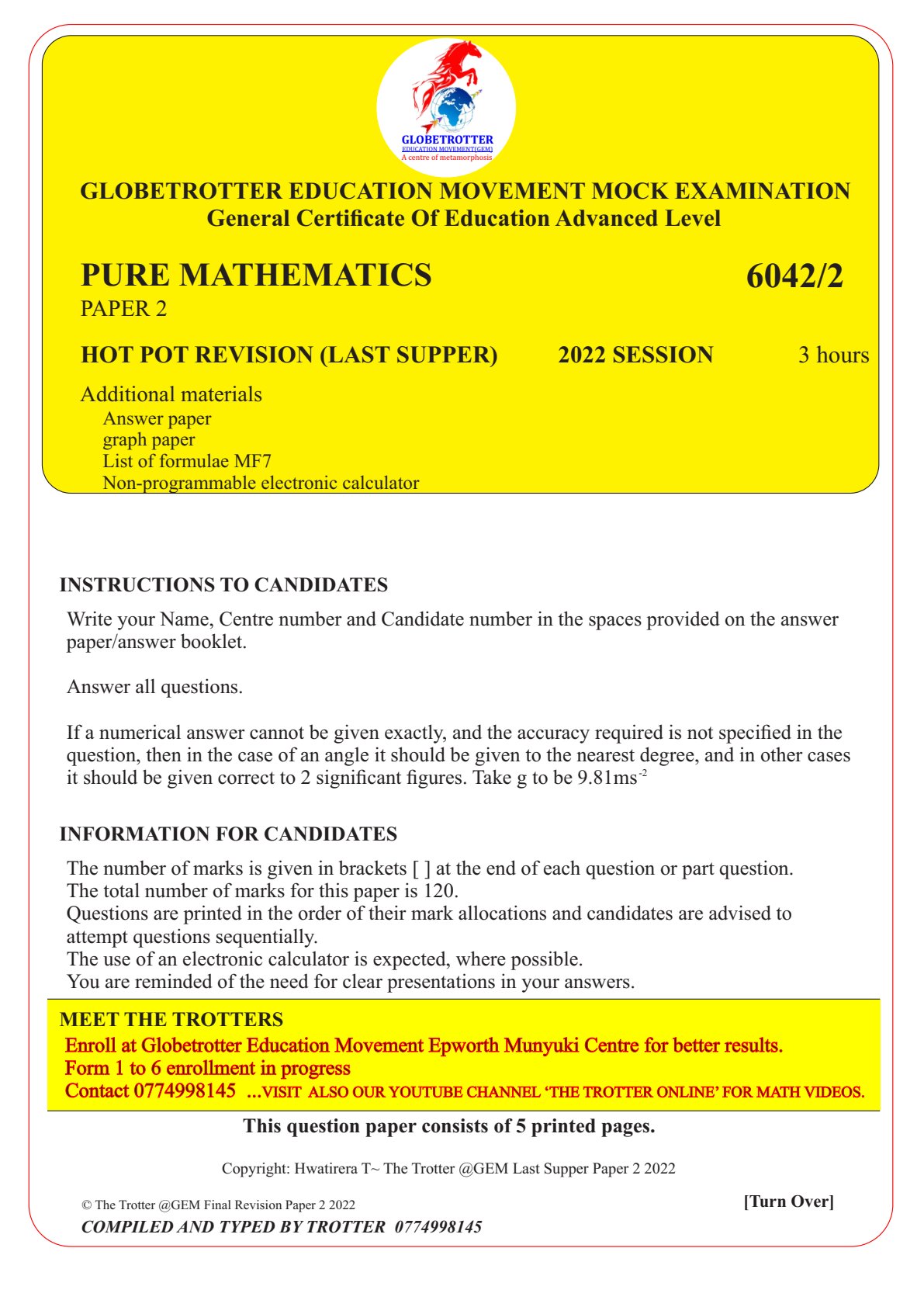 First page of 6042/2 Pure Mathematics 2022 Question Paper