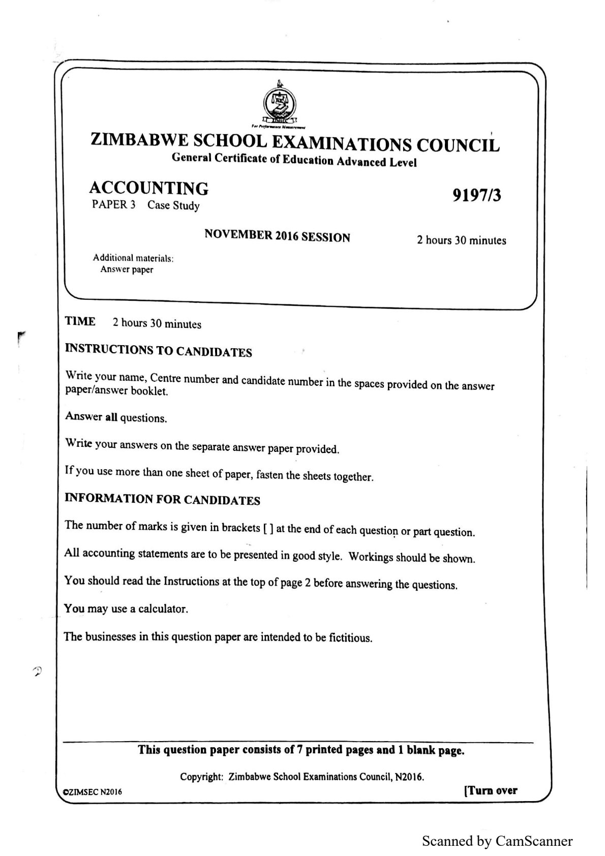 First page of A-Level Accounting Revision Pack Zimbabwe