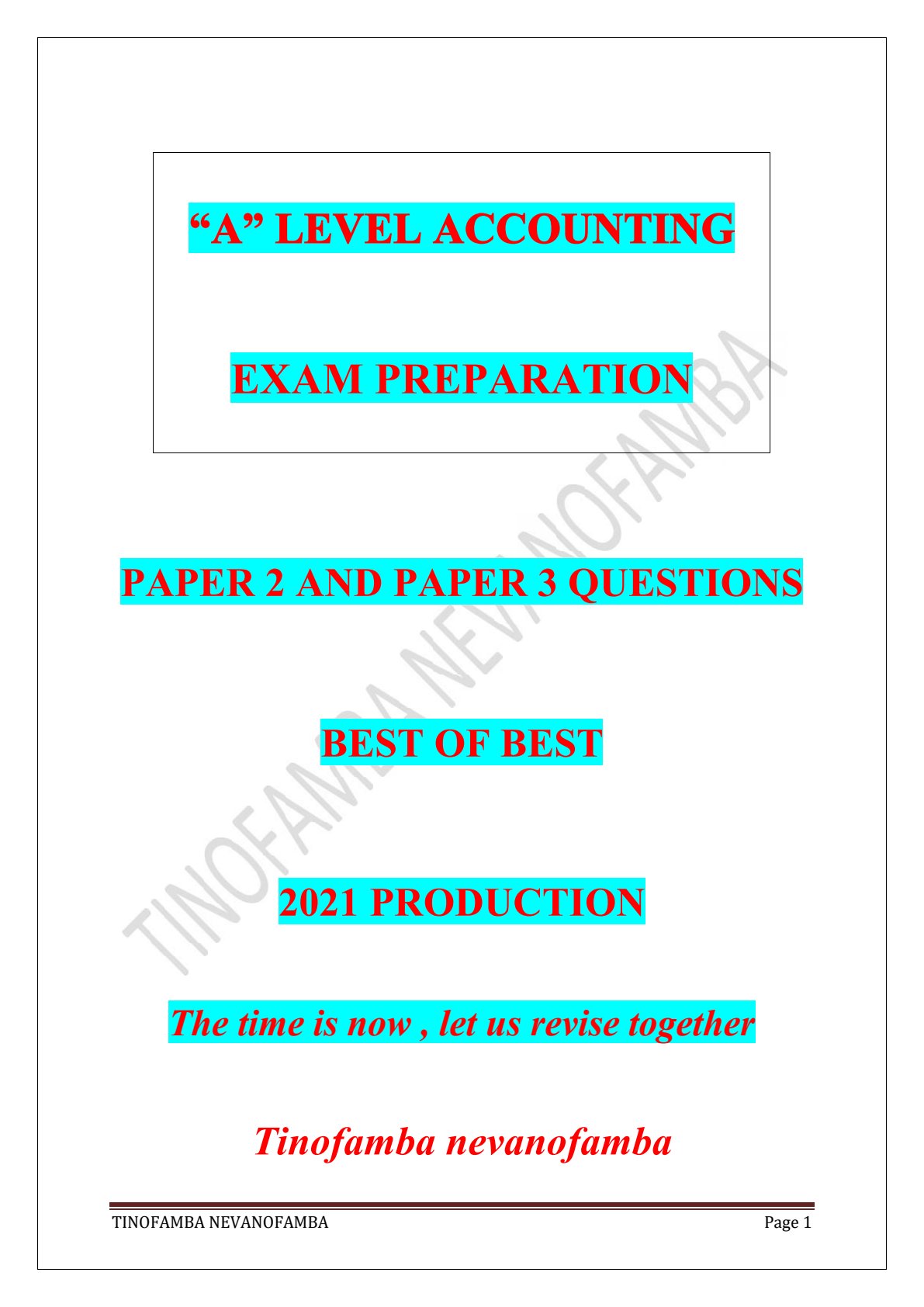 First page of A-Level Accounting Revision Pack Zimbabwe