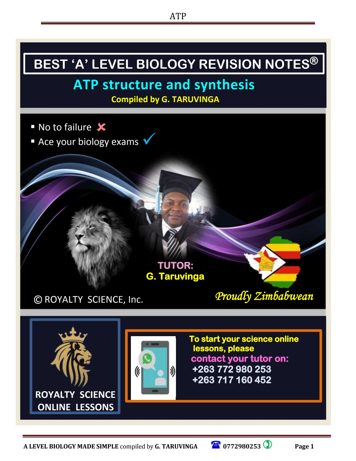 First page of A-Level Biology ATP structure and synthesis Notes Zimbabwe