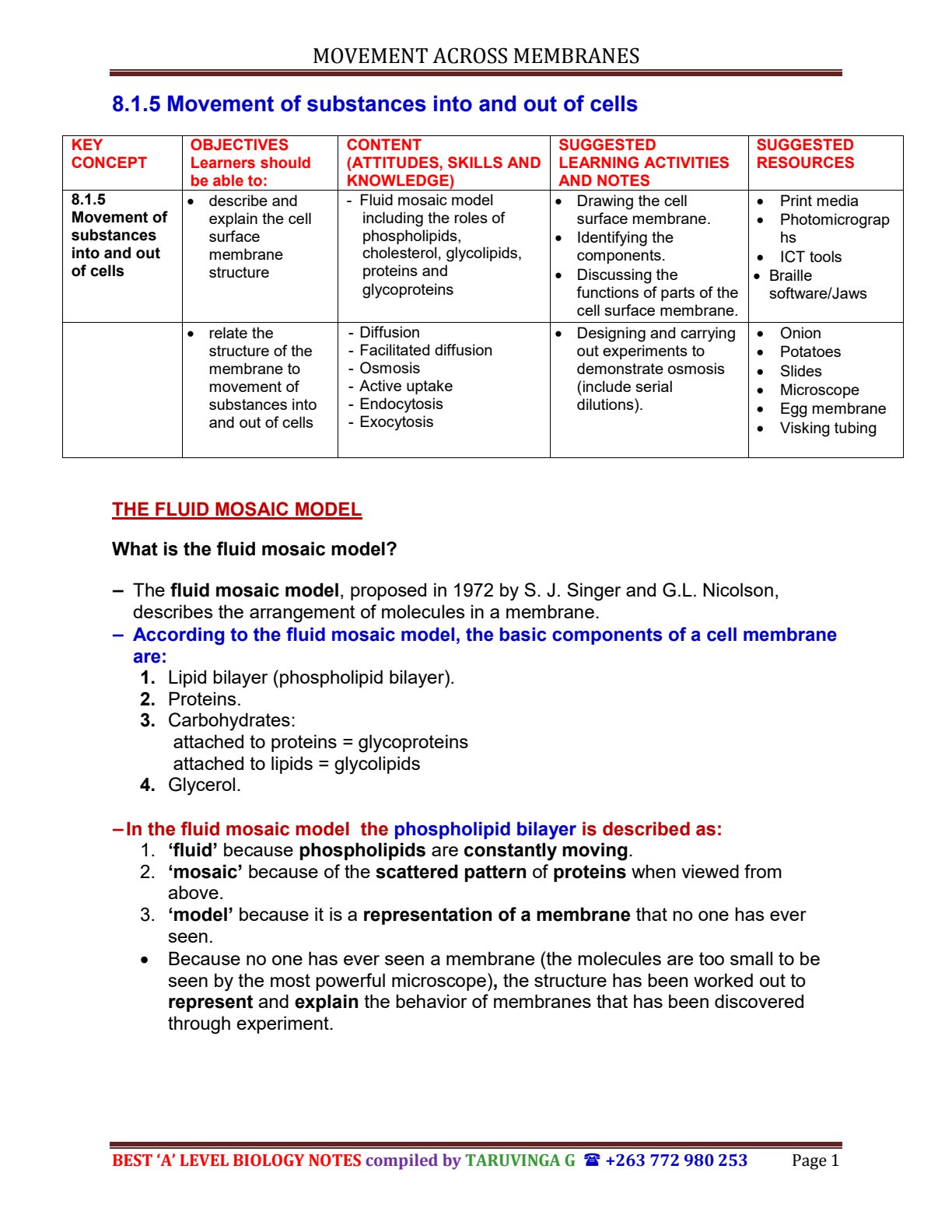 First page of A-Level Biology Movement Across Membranes Notes Zimbabwe