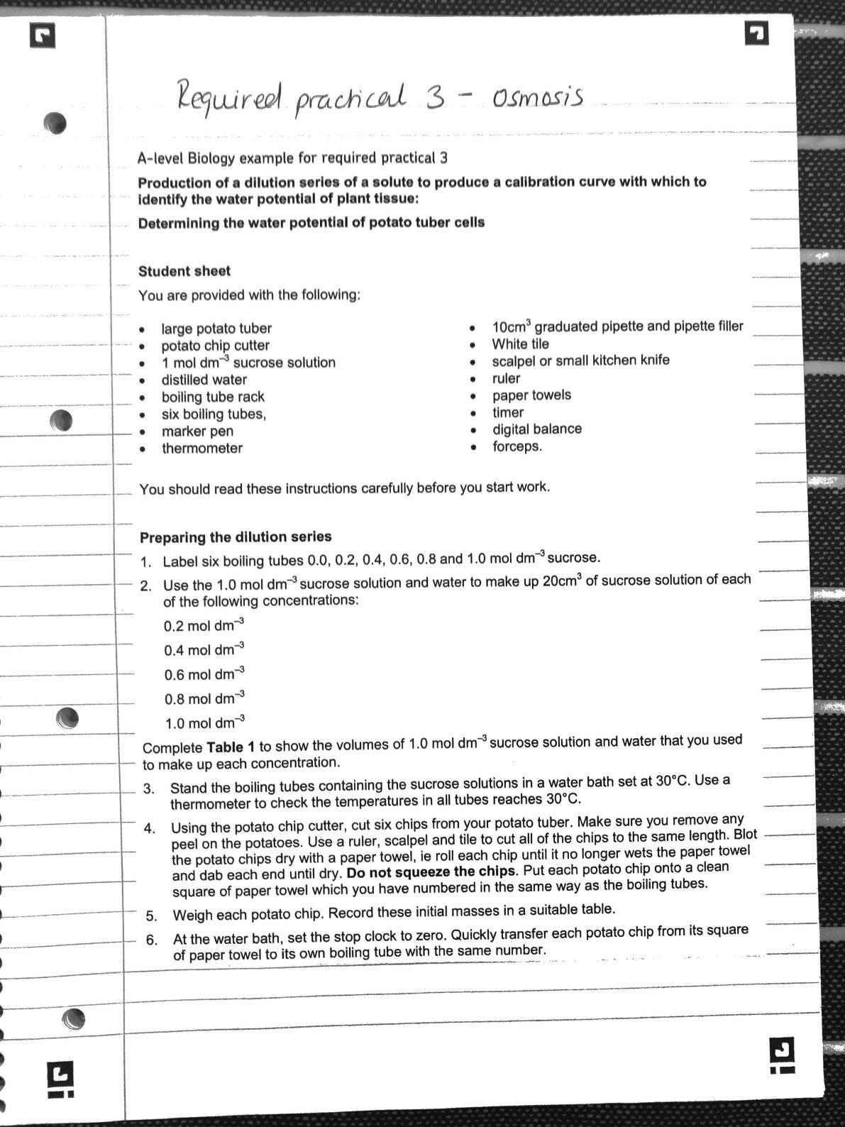 First page of A-Level Biology Osmosis Worksheet Zimbabwe