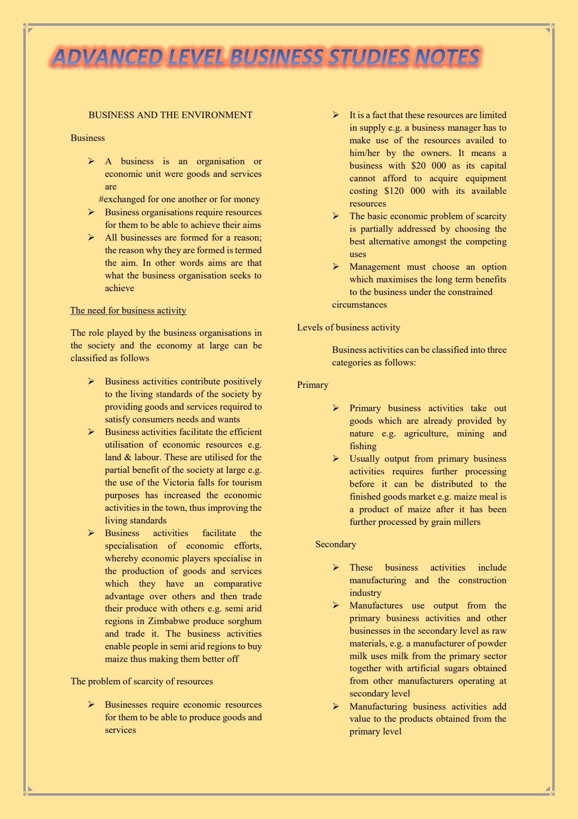 First page of A-Level Business Studies Business and the Environment Notes Zimbabwe