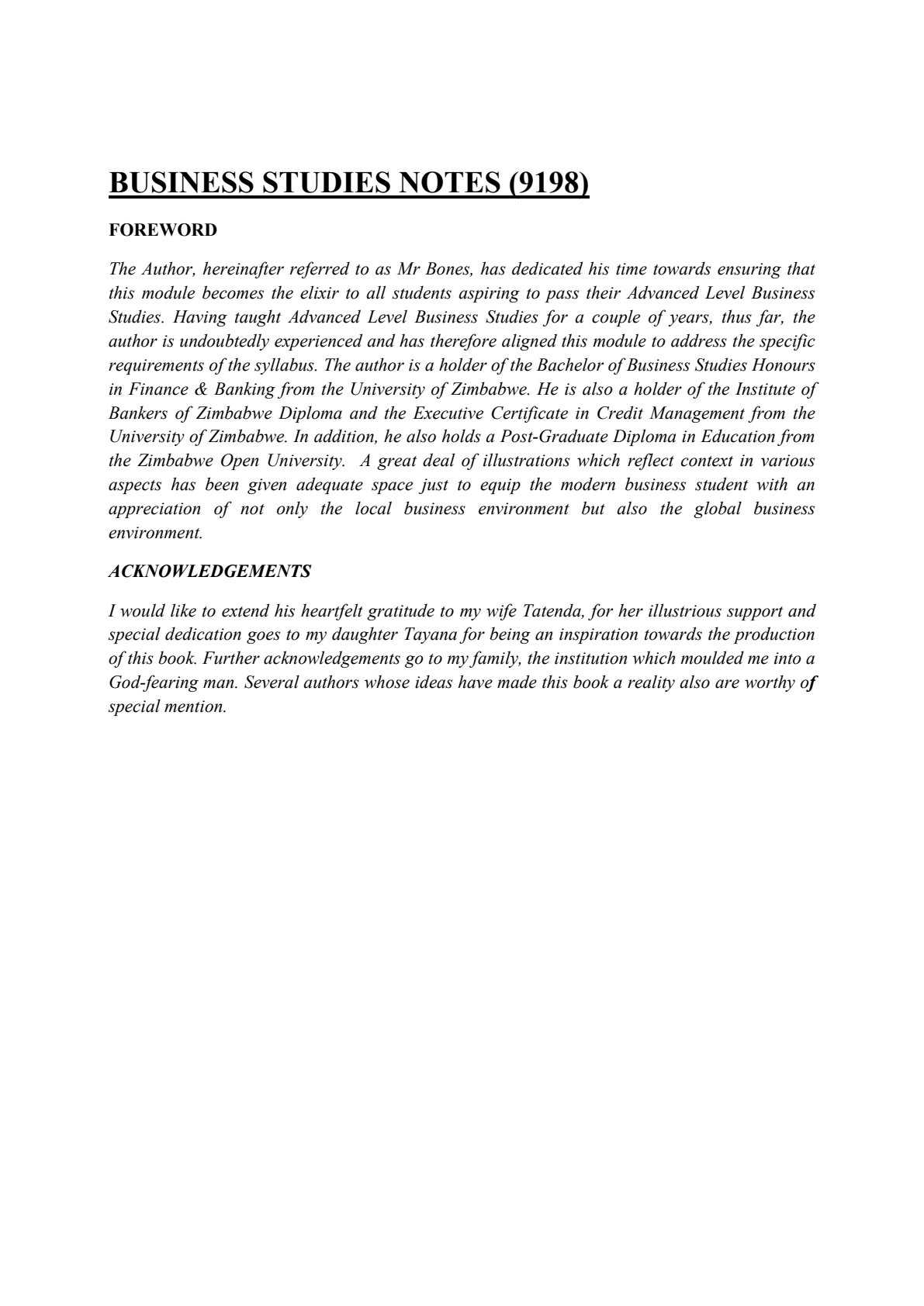 First page of A-Level Business Studies Business Studies Notes Zimbabwe