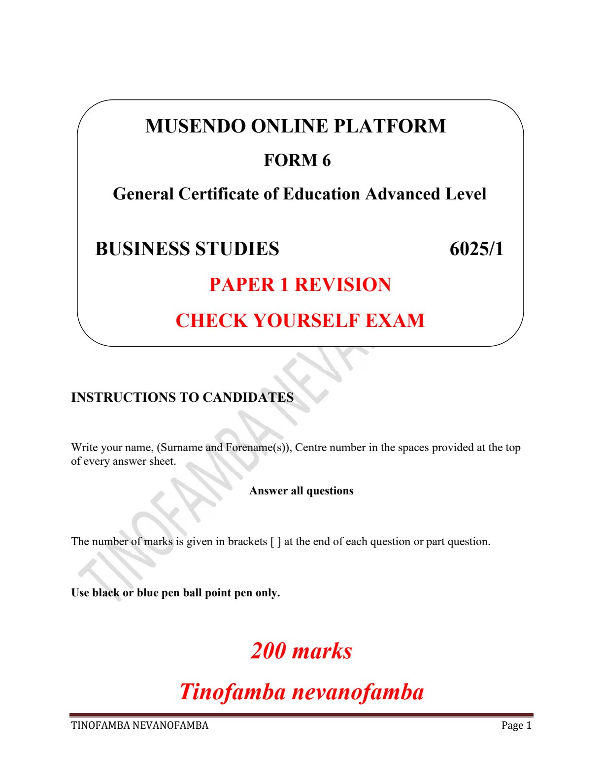 First page of A-Level Business Studies Business Studies Revision Revision Pack Zimbabwe