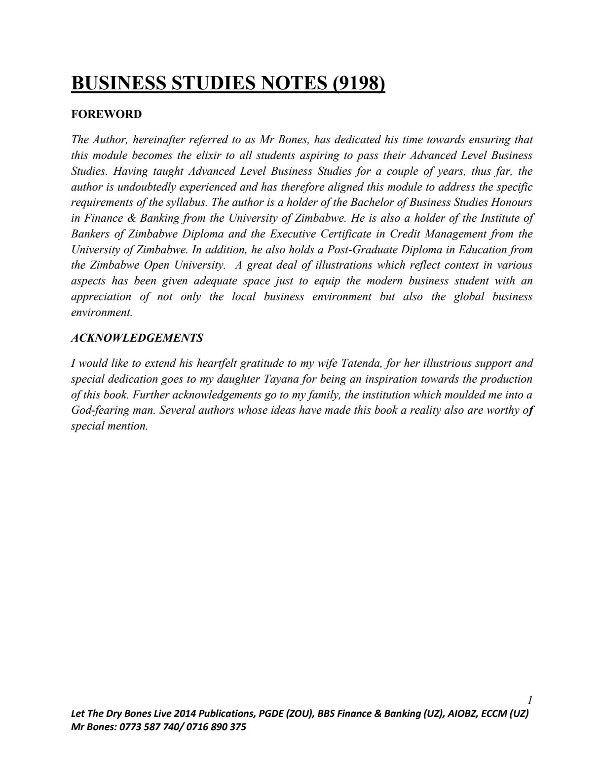 First page of A-Level Business Studies Notes Zimbabwe