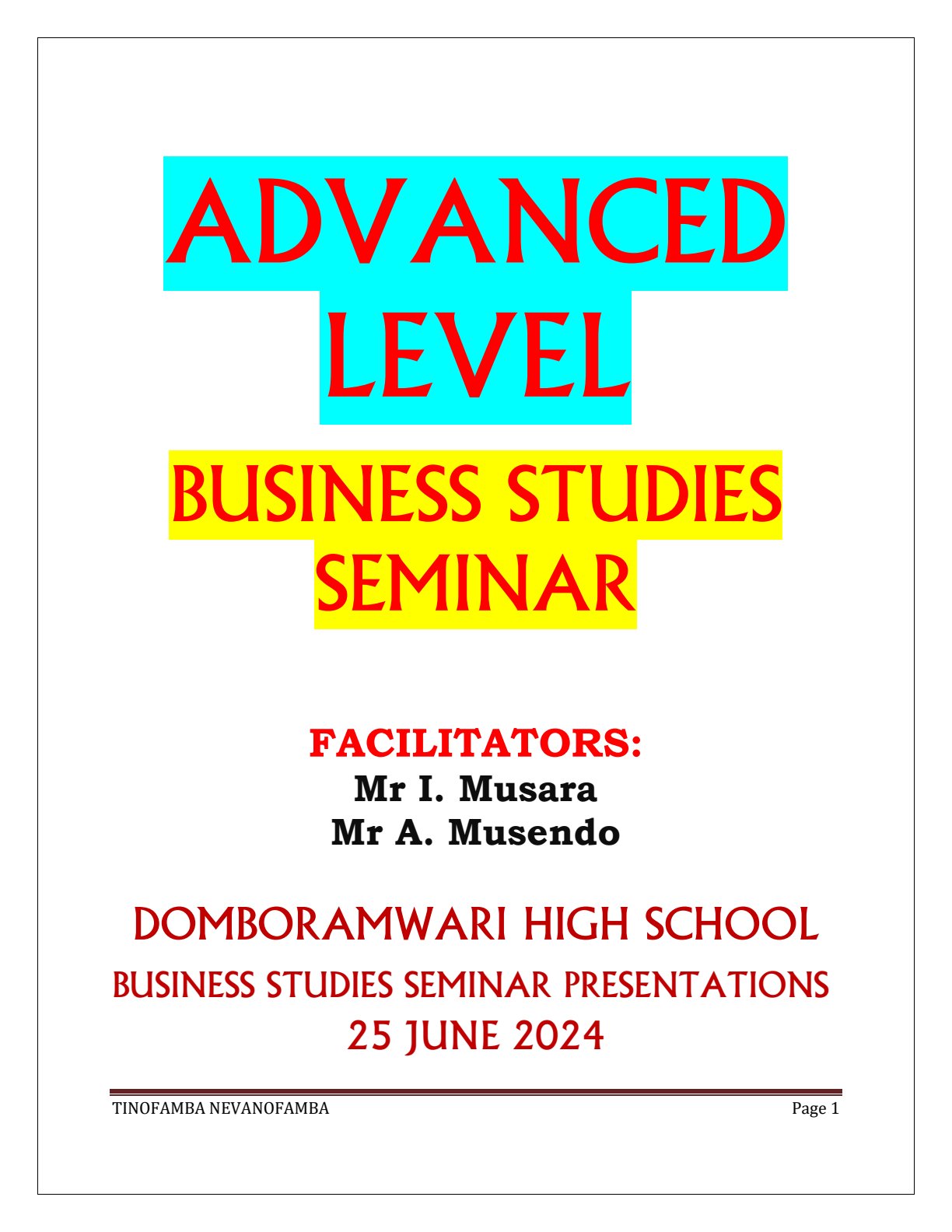 First page of A-Level Business Studies Seminar Questions Notes Zimbabwe