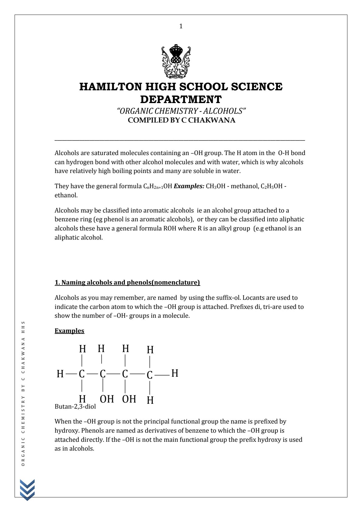 First page of A-Level Chemistry Alcohols Notes Zimbabwe