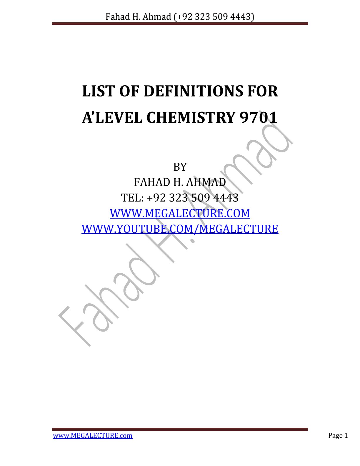 First page of A-Level Chemistry Chemistry Definitions Notes Zimbabwe