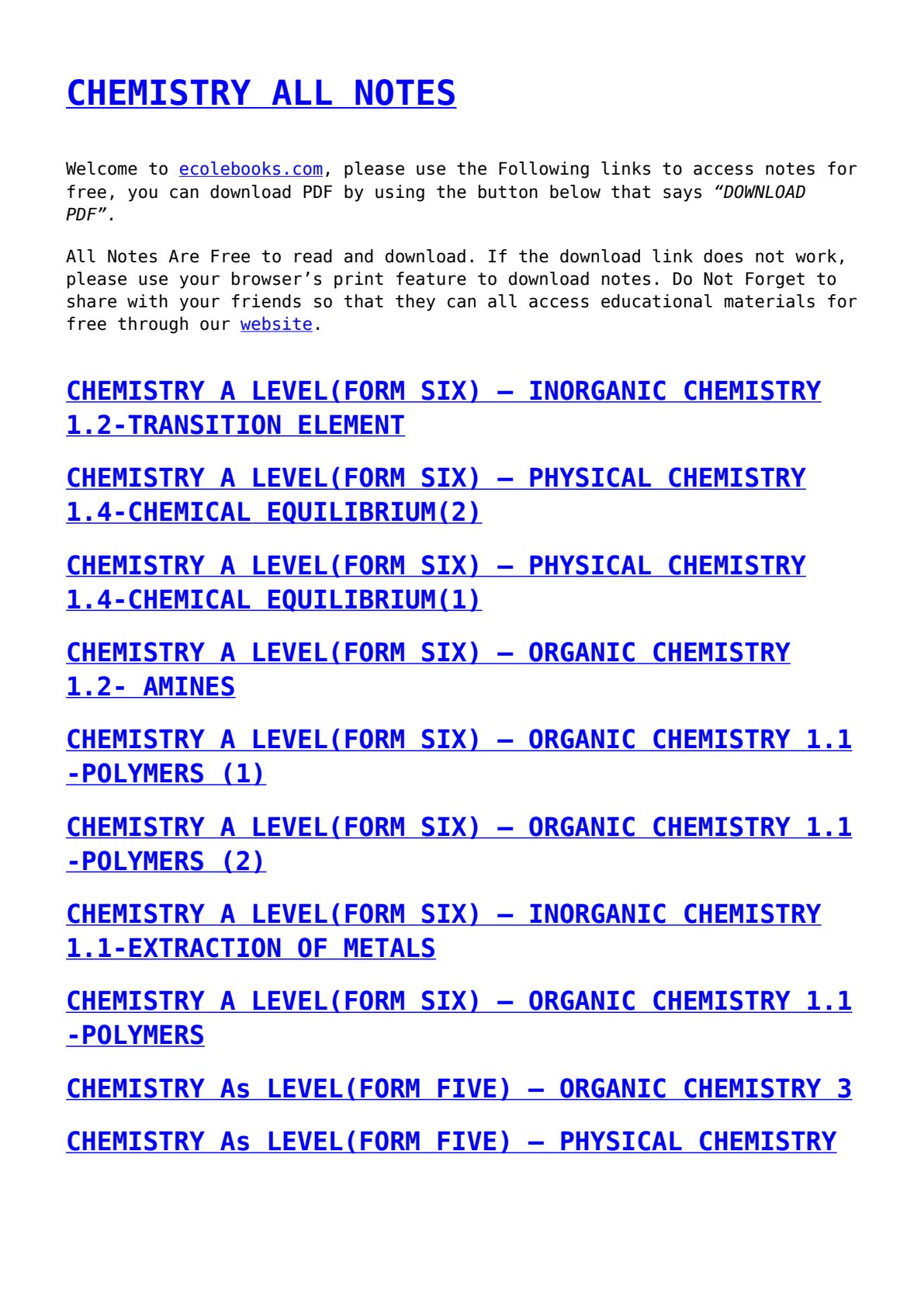 First page of A-Level Chemistry Notes Zimbabwe