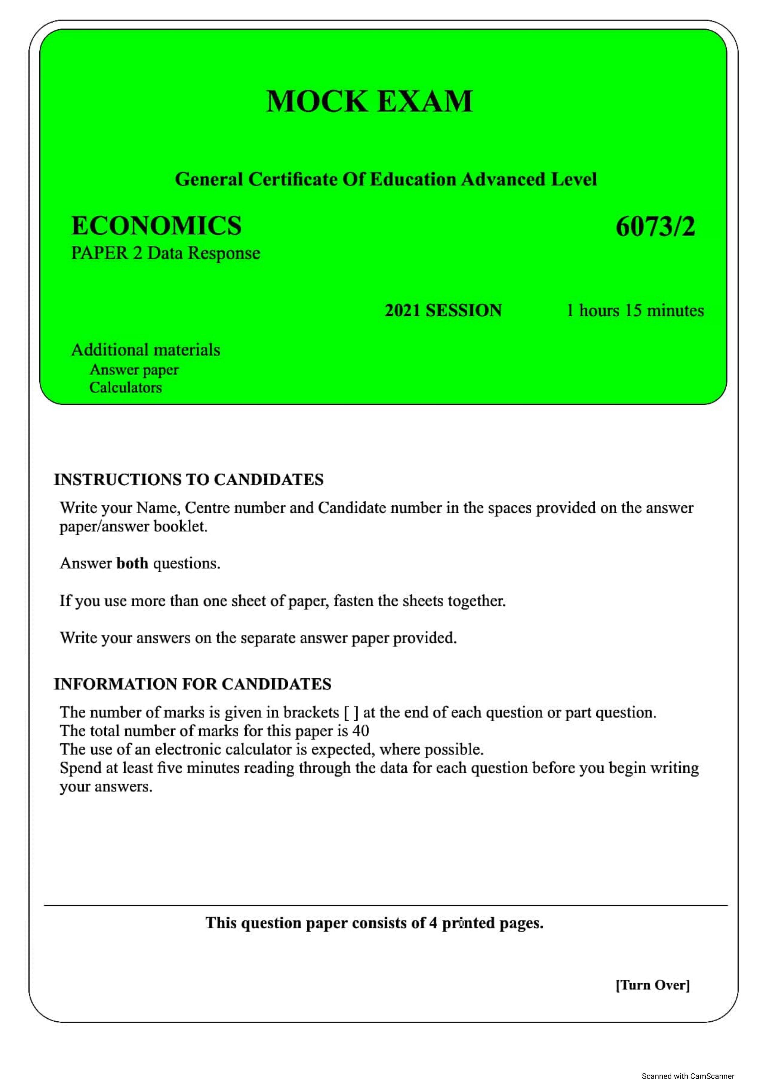 First page of A-Level Economics 2021 Question Paper
