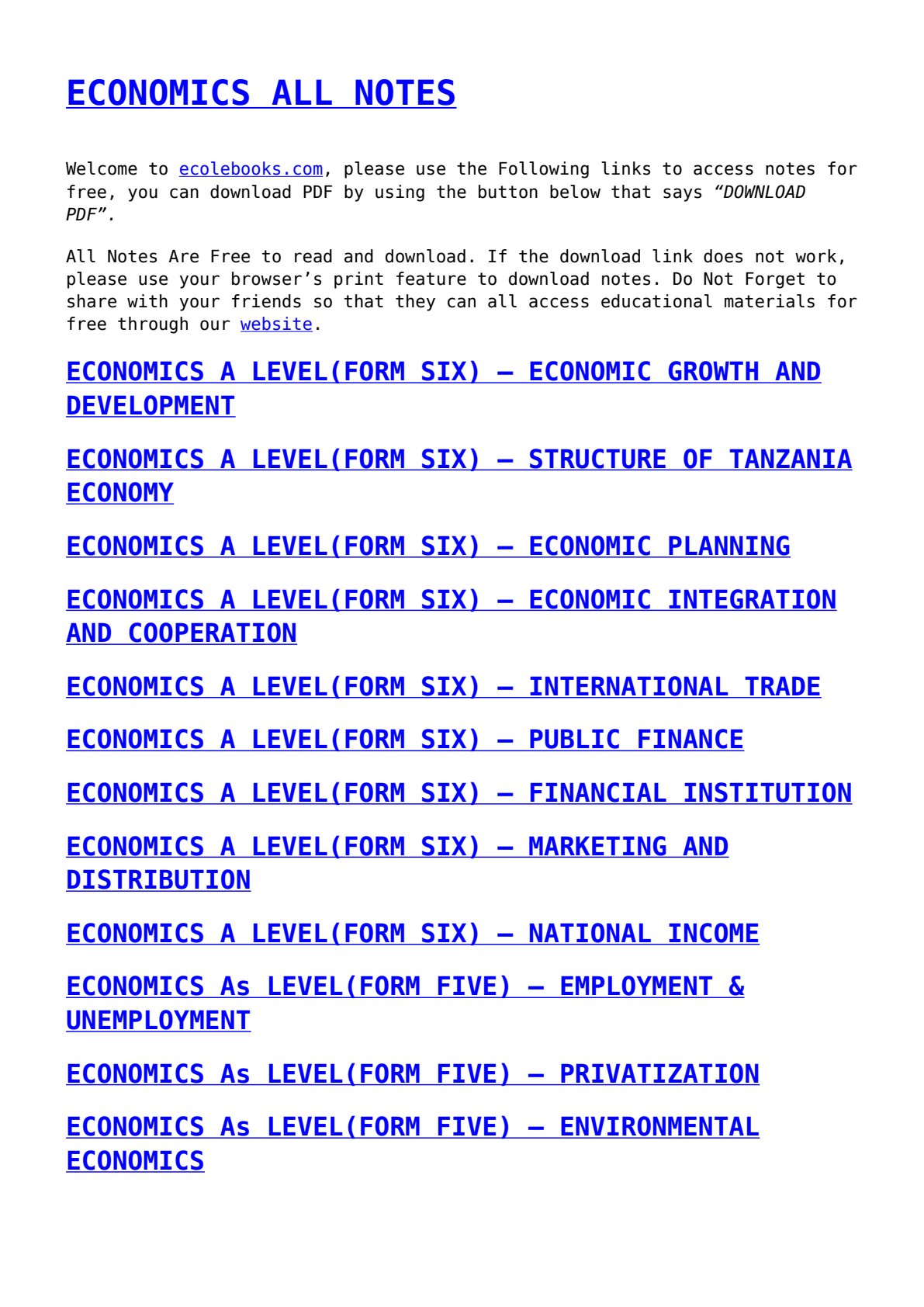First page of A-Level Economics Economic Growth and Development, Structure of Tanzania Economy, Economic Planning, International Trade, Public Finance, Financial Institutions, Marketing and Distribution, National Income, Employment and Unemployment, Privatization, Environmental Economics Notes Tanzania