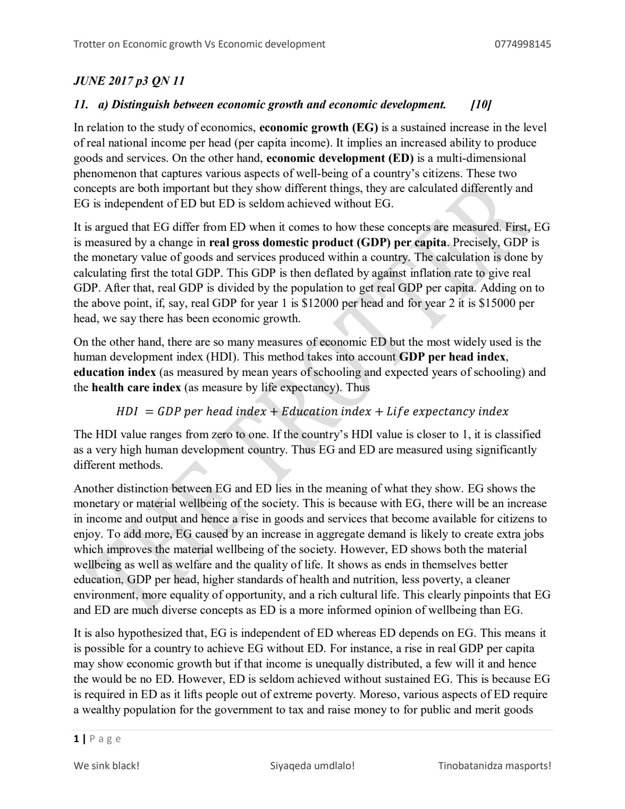 First page of A-Level Economics Economic Growth vs Economic Development Notes Zimbabwe