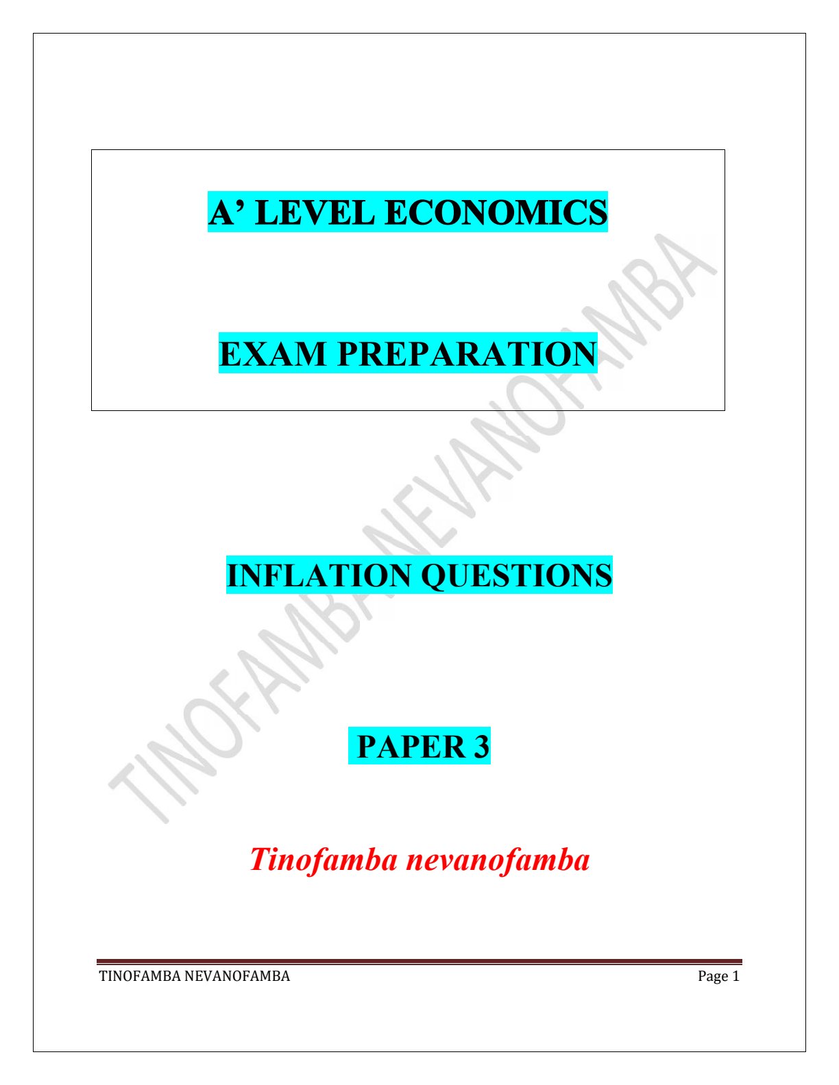 First page of A-Level Economics Inflation Revision Pack Zimbabwe