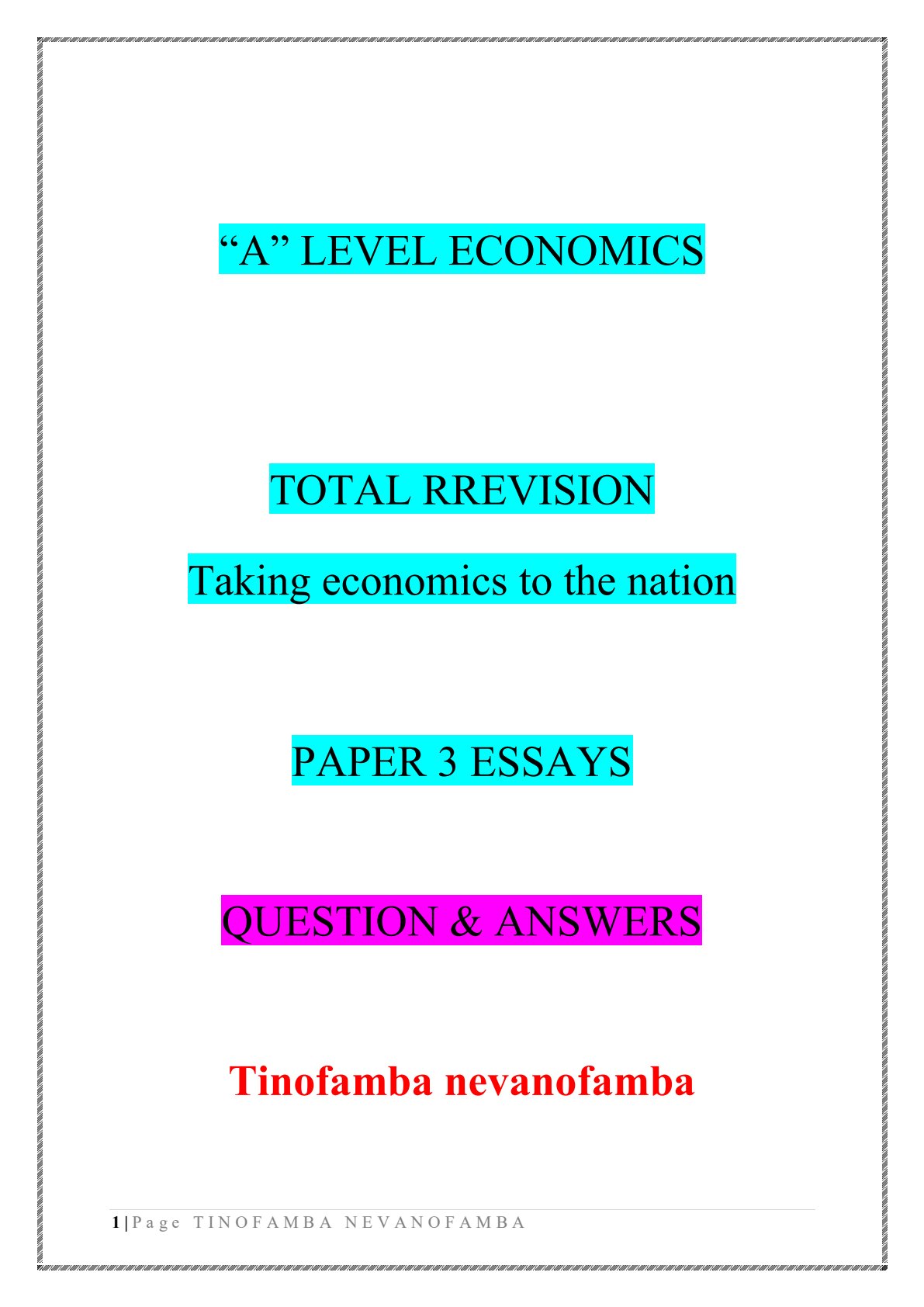 First page of A-Level Economics Paper 3 Essays Revision Pack Zimbabwe