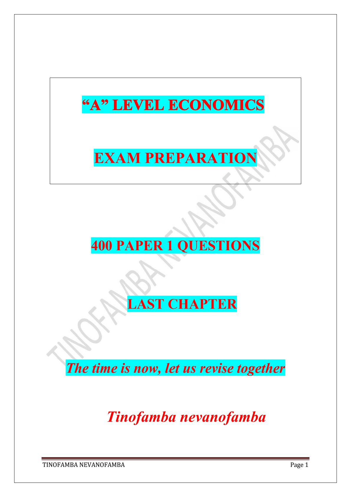 First page of A-Level Economics Revision Pack Zimbabwe