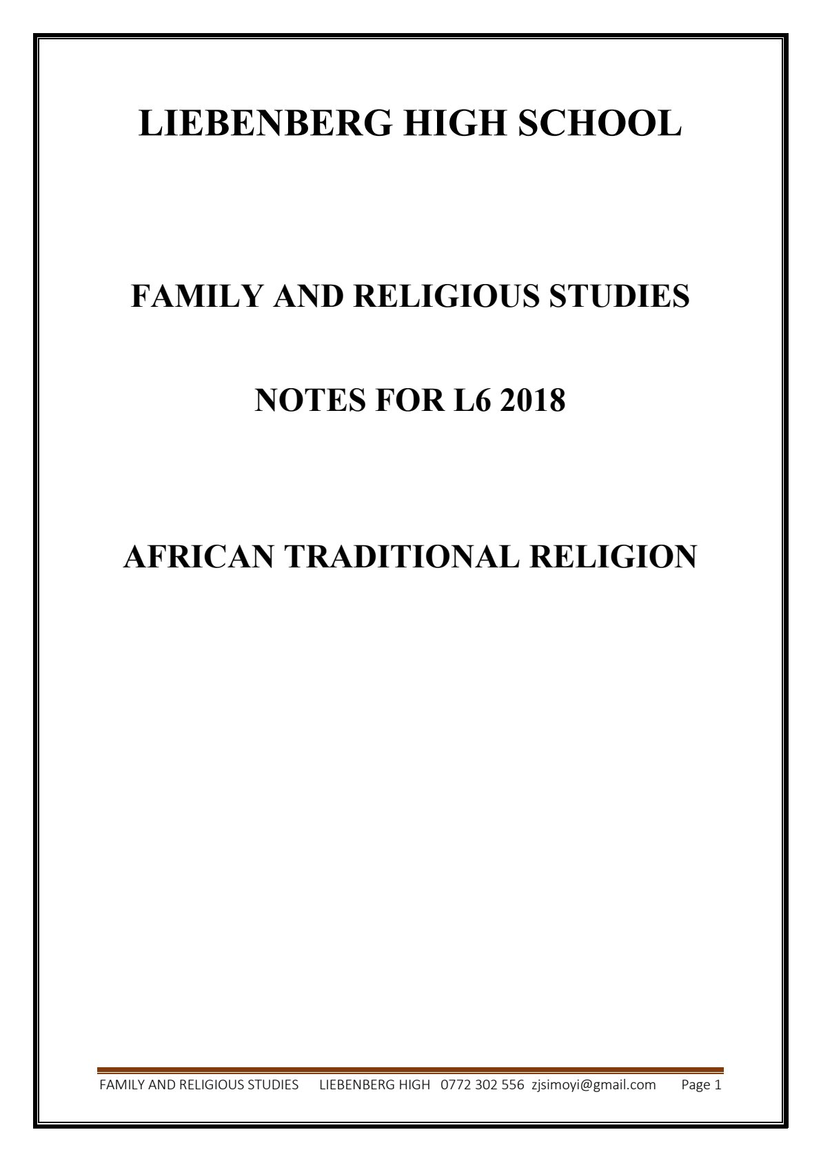 First page of A-Level Family and Religious Studies African Traditional Religion Notes Zimbabwe