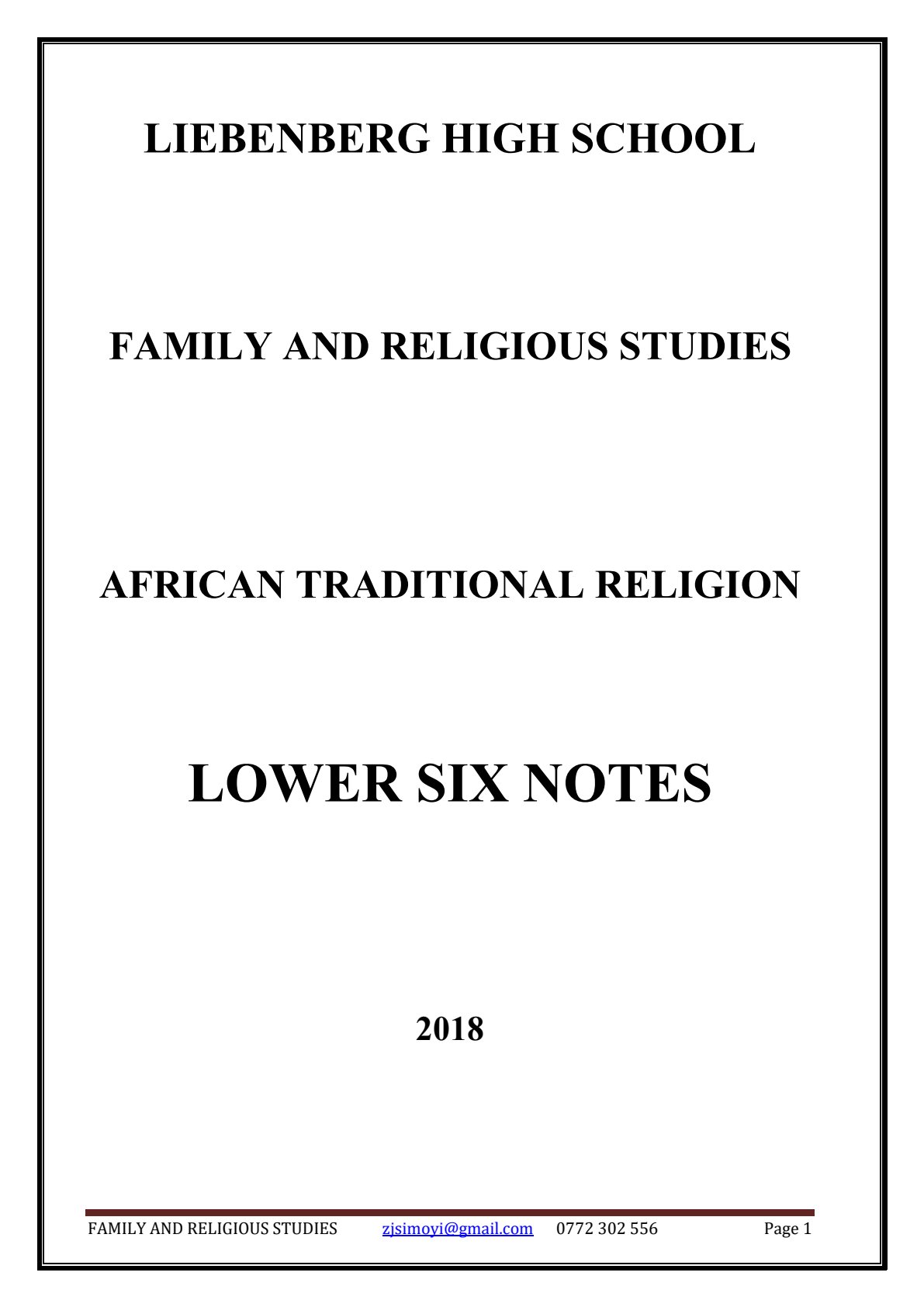 First page of A-Level Family and Religious Studies African Traditional Religion Notes Zimbabwe