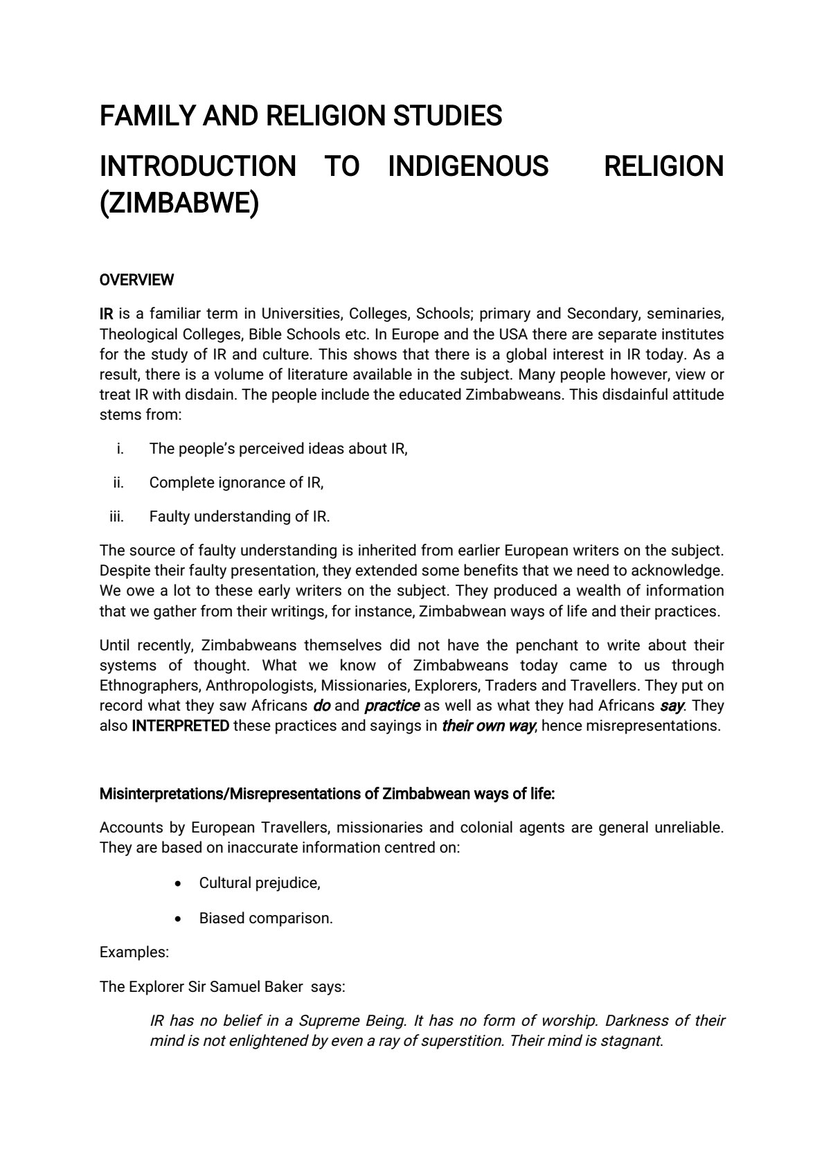 First page of A-Level Family and Religious Studies Introduction to Indigenous Religion (Zimbabwe) Notes Zimbabwe