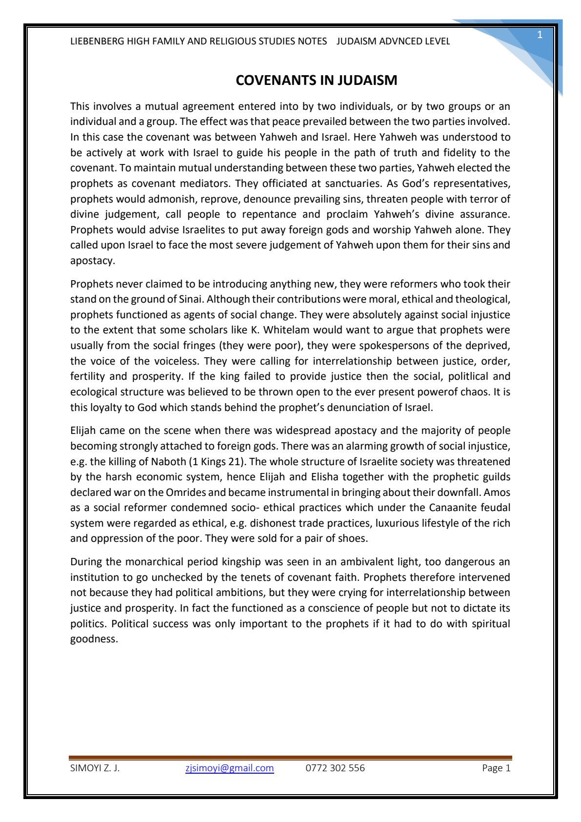 First page of A-Level Family and Religious Studies Judaism Notes Zimbabwe