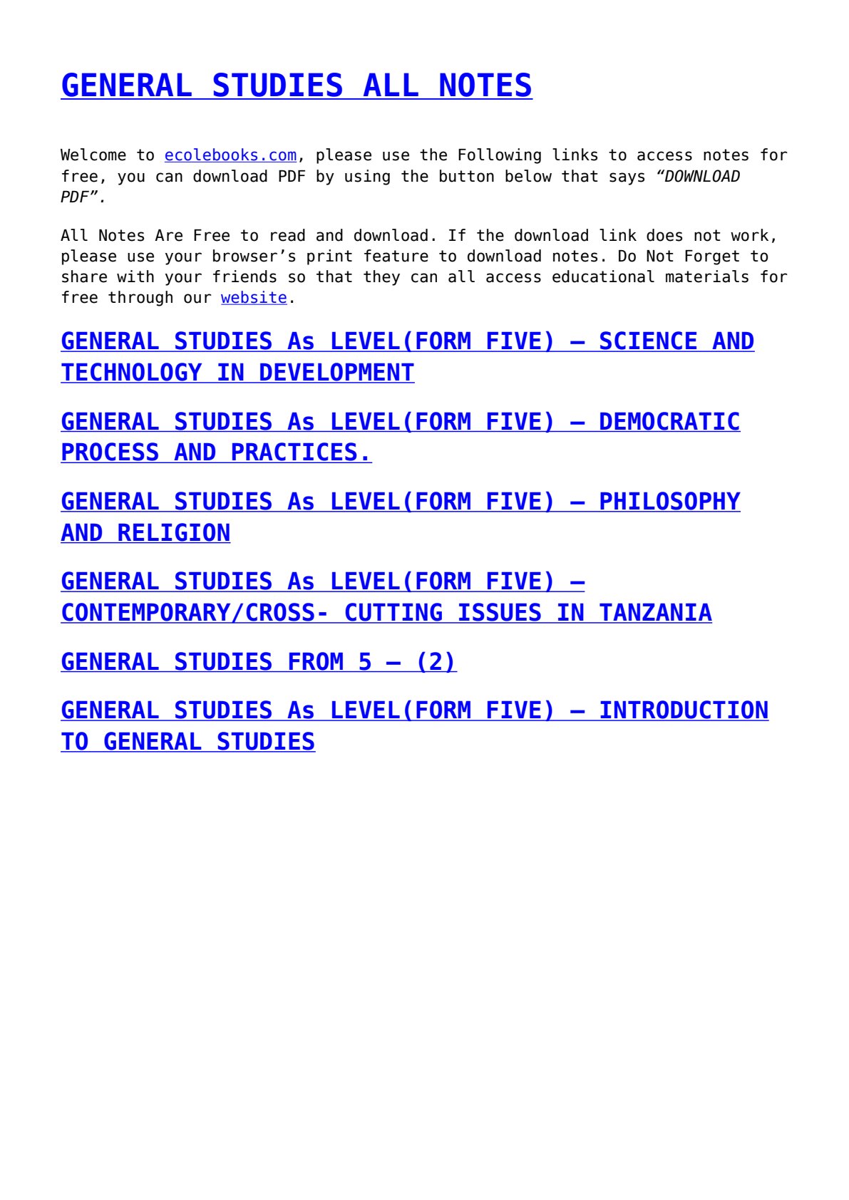 First page of A-Level General Studies Notes Tanzania