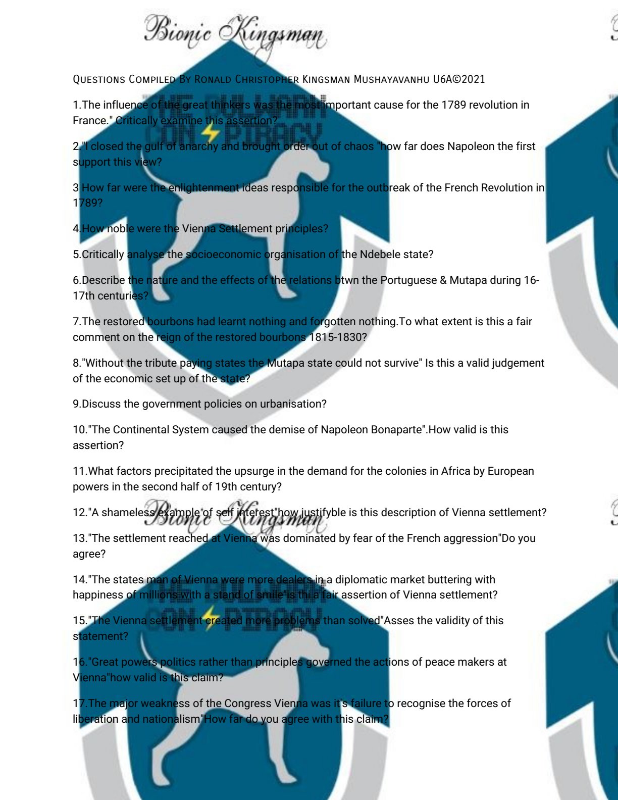 First page of A-Level History 2021 Study Guide