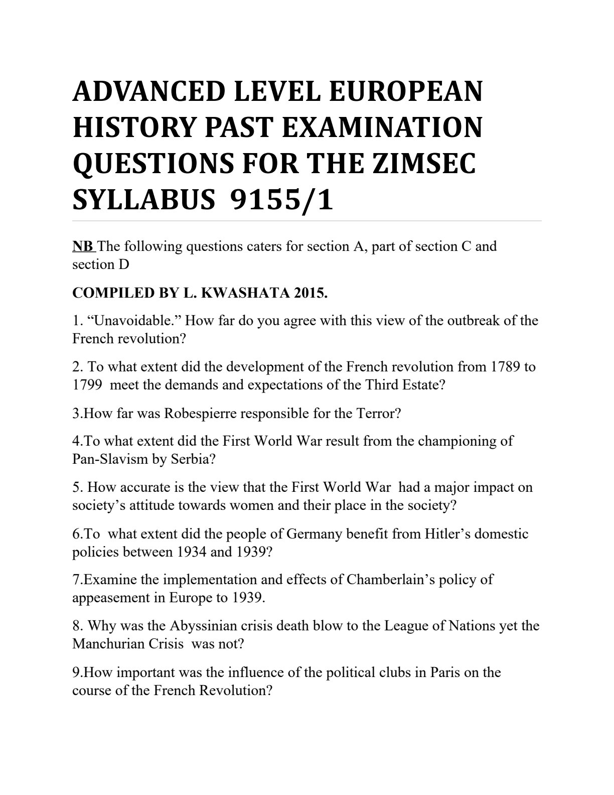 First page of A-Level History European History Revision Pack Zimbabwe