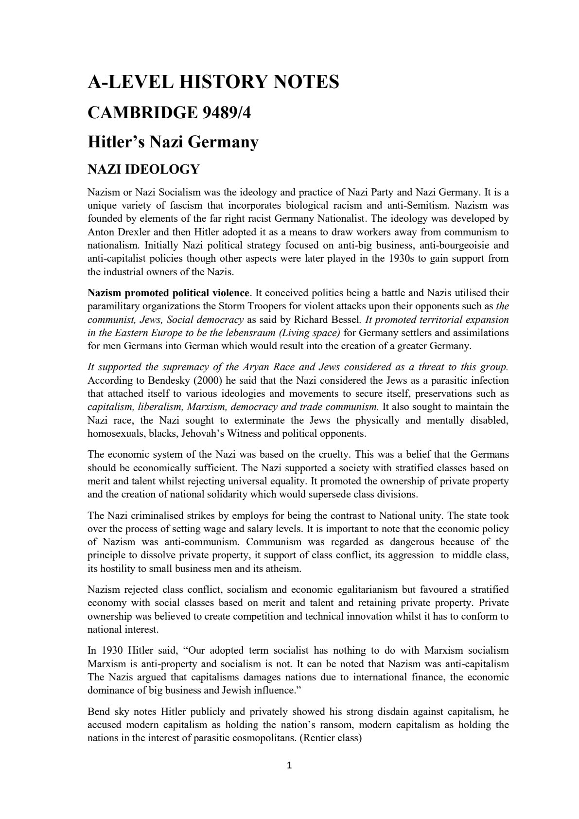 First page of A-Level History Hitler's Nazi Germany Notes Zimbabwe