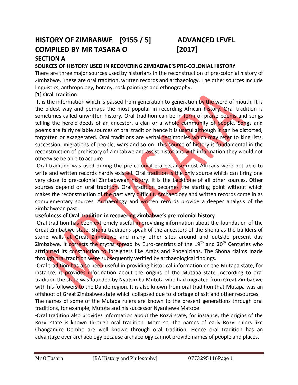 First page of A-Level History Sources of History Used in Recovering Zimbabwe's Pre-Colonial History Notes Zimbabwe