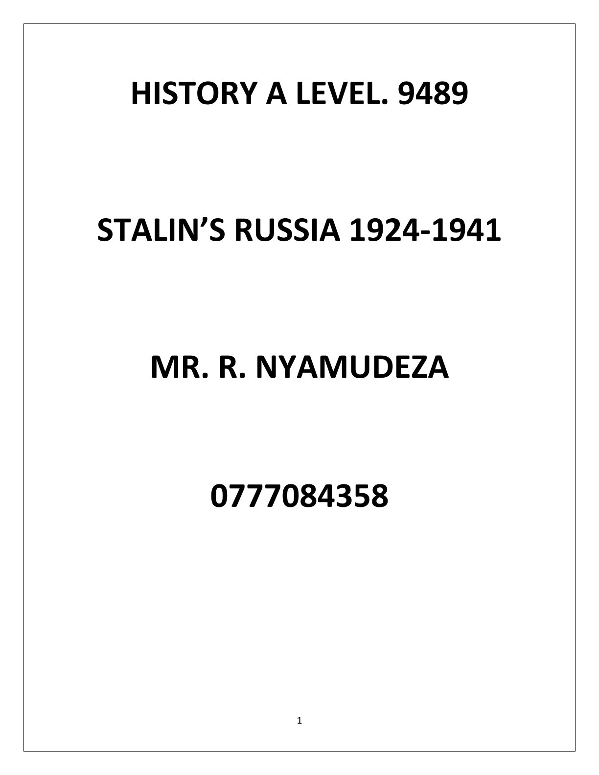 First page of A-Level History Stalin's Russia 1924-1941 Notes Zimbabwe