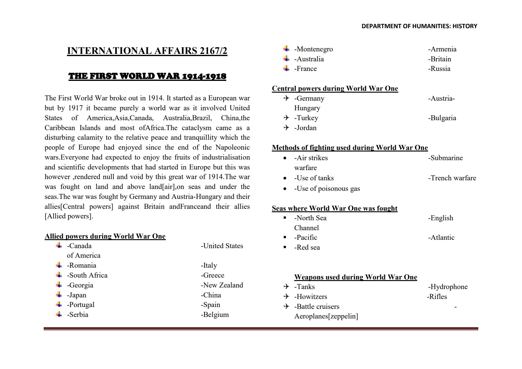 First page of A-Level History The First World War 1914-1918 Notes Zimbabwe