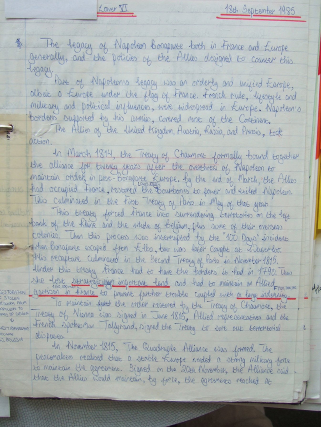 First page of A-Level History The legacy of Napoleon Bonaparte and the policies of the Allies Notes Zimbabwe
