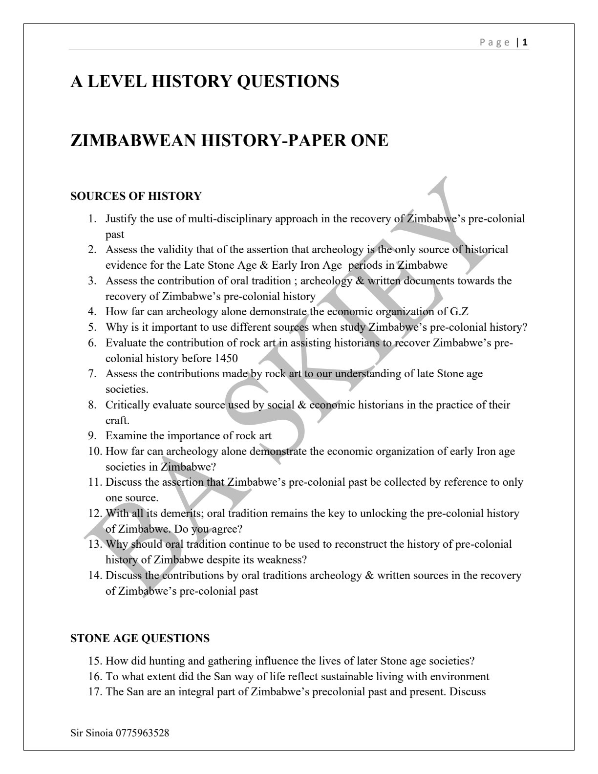 First page of A-Level History Zimbabwean History Revision Pack Zimbabwe