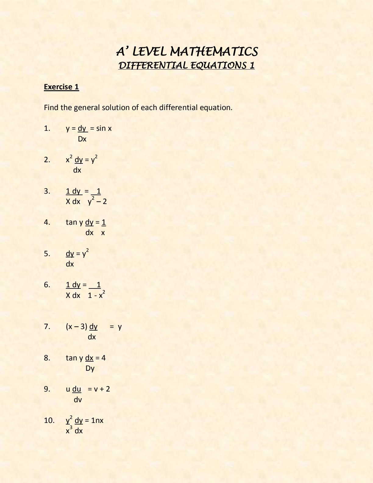 First page of A-Level Mathematics Differential Equations Worksheet Zimbabwe