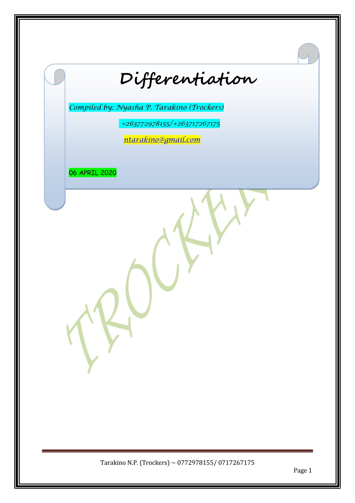 First page of A-Level Mathematics Differentiation Notes Zimbabwe
