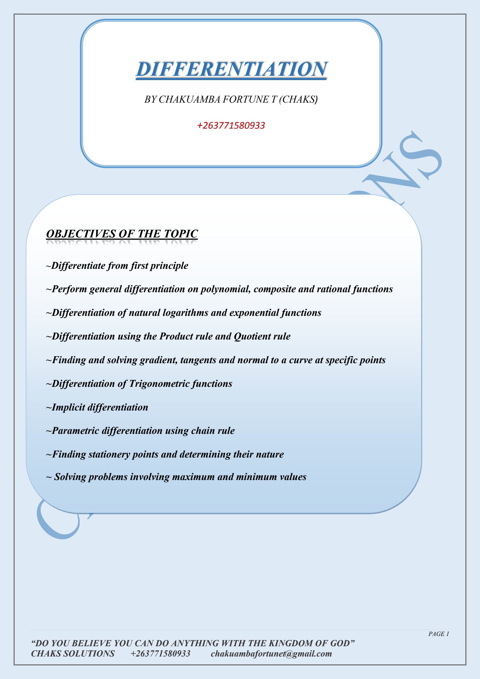 First page of A-Level Mathematics Differentiation Notes Zimbabwe
