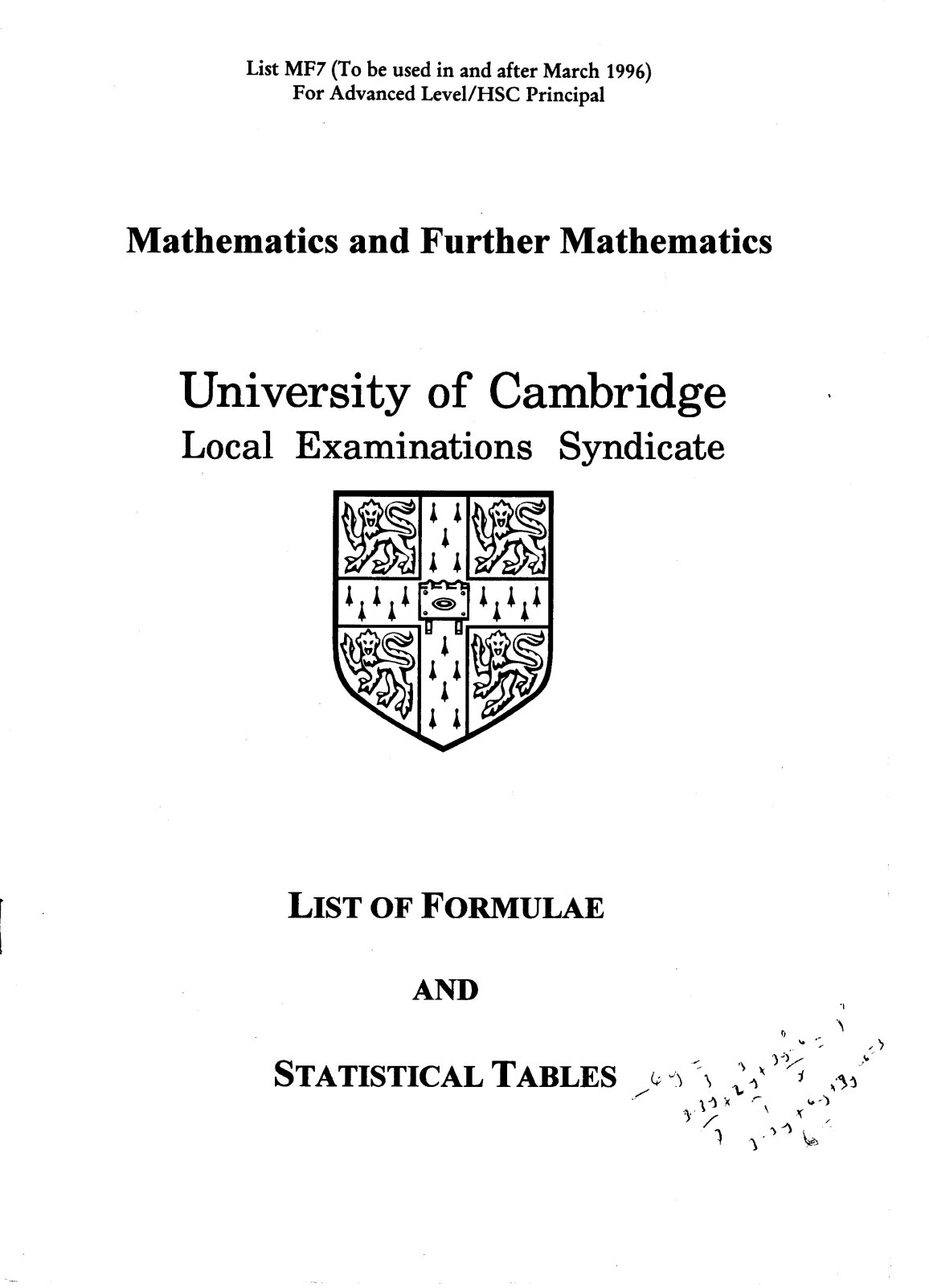 First page of A-Level Mathematics Formulae and Statistical Tables for Mathematics and Further Mathematics Notes Zimbabwe