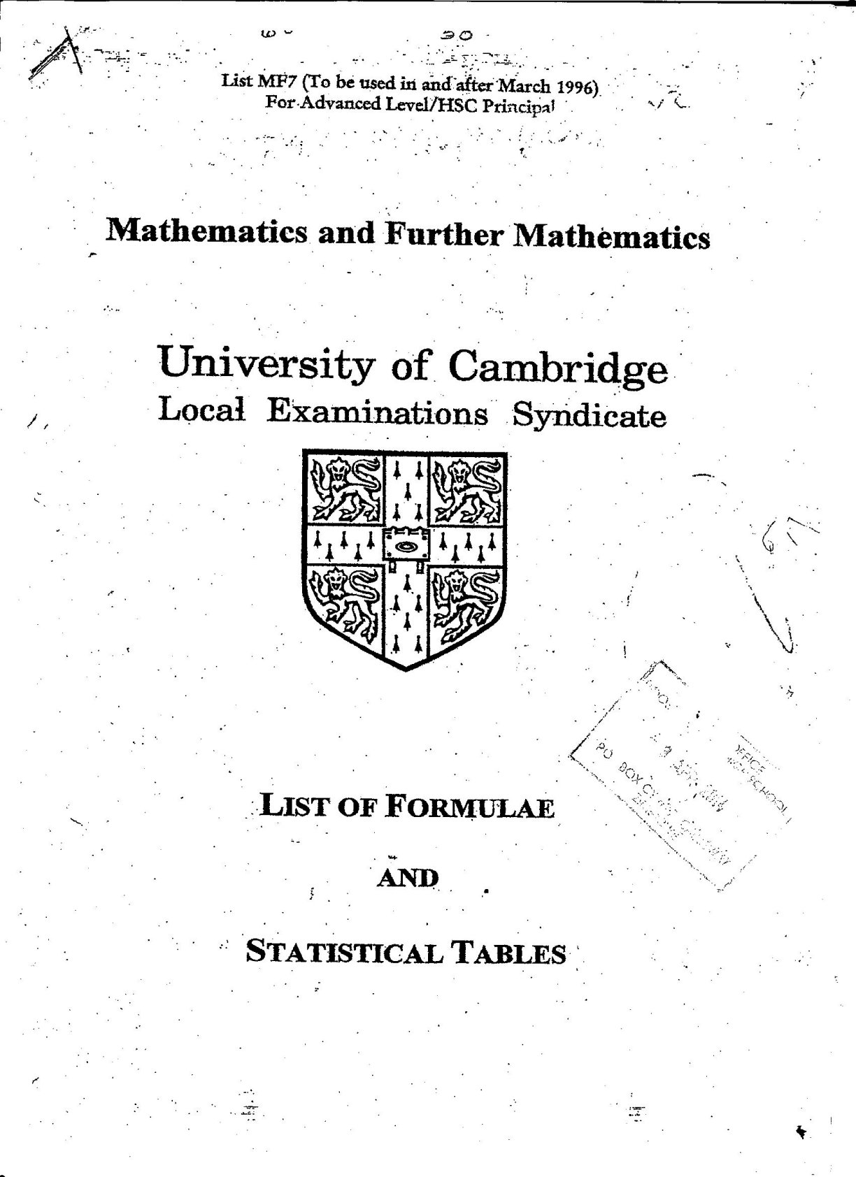 First page of A-Level Mathematics Formulae and Statistical Tables Notes Zimbabwe