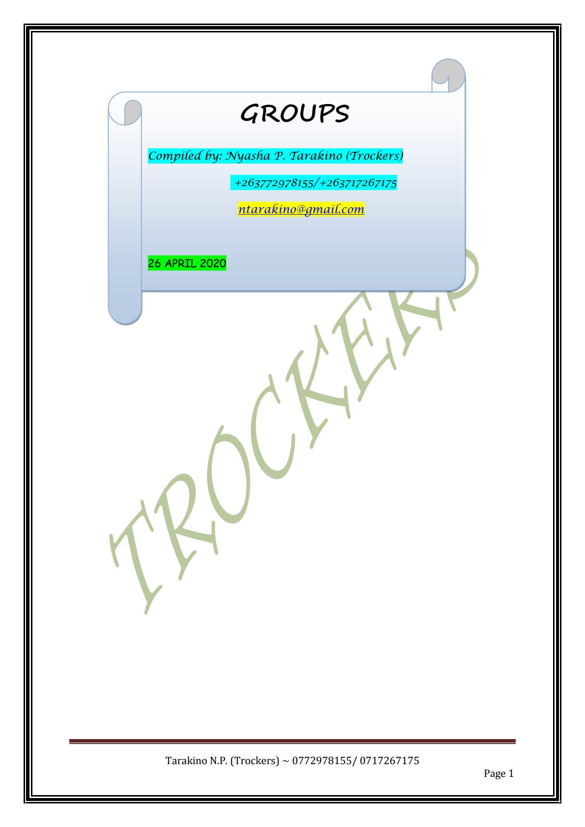 First page of A-Level Mathematics Groups and Binary Operations Notes Zimbabwe