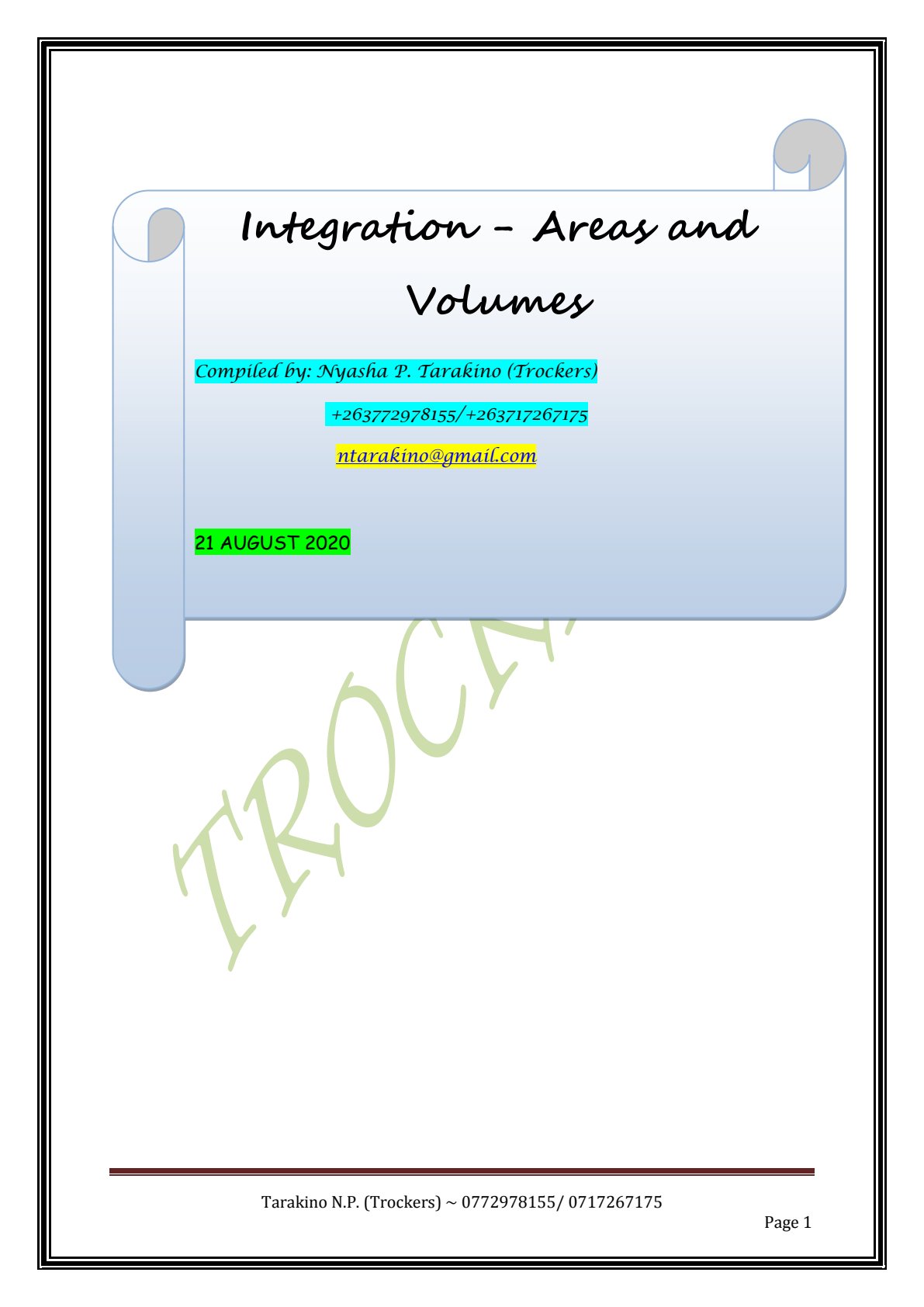 First page of A-Level Mathematics Integration - Areas and Volumes Notes Zimbabwe