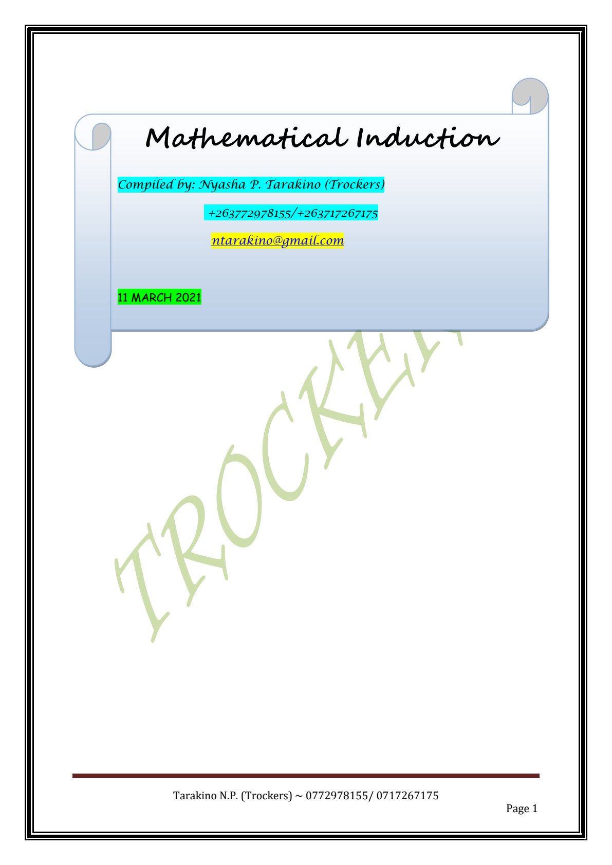 First page of A-Level Mathematics Mathematical Induction Notes Zimbabwe