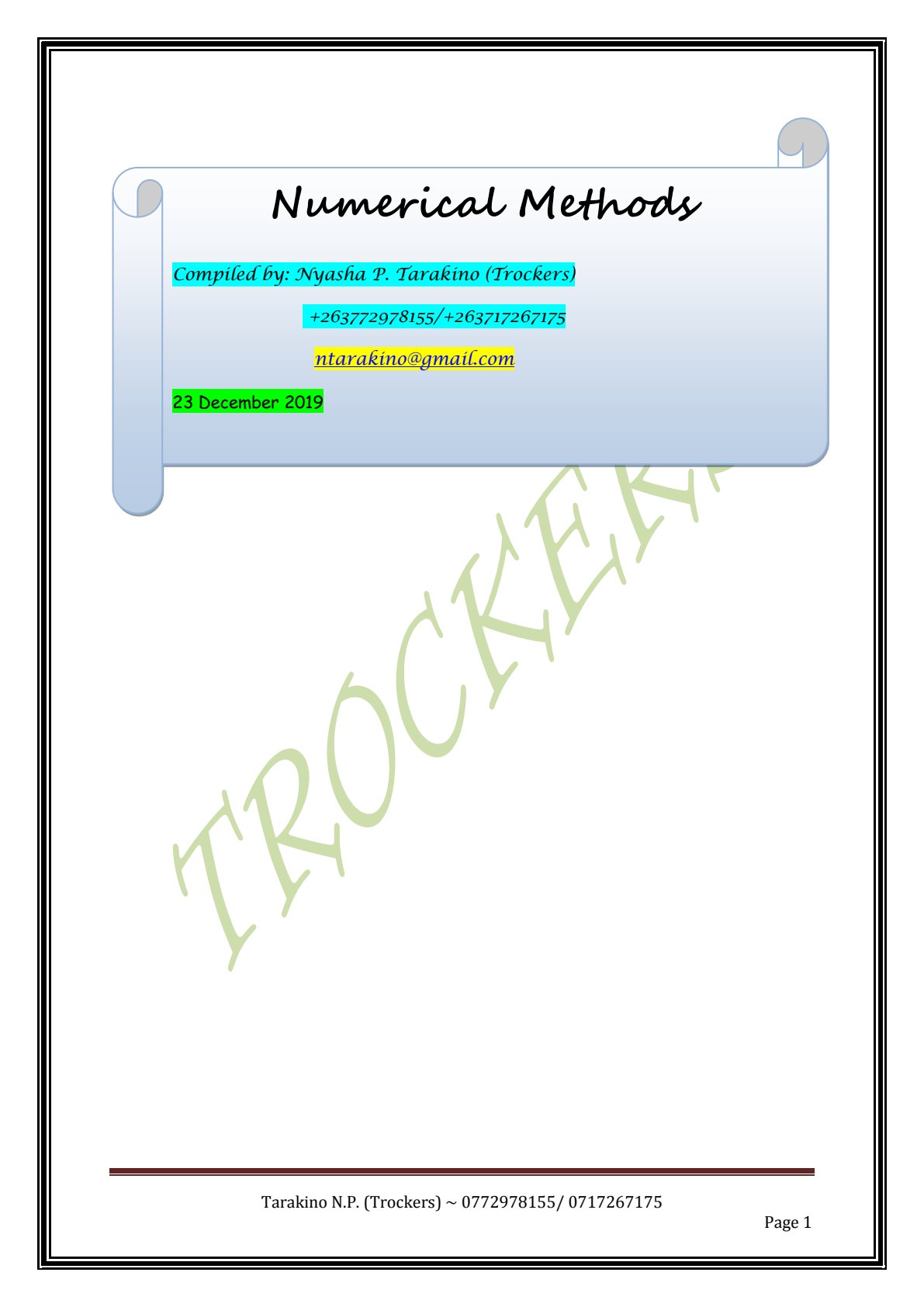 First page of A-Level Mathematics Numerical Methods Notes Zimbabwe